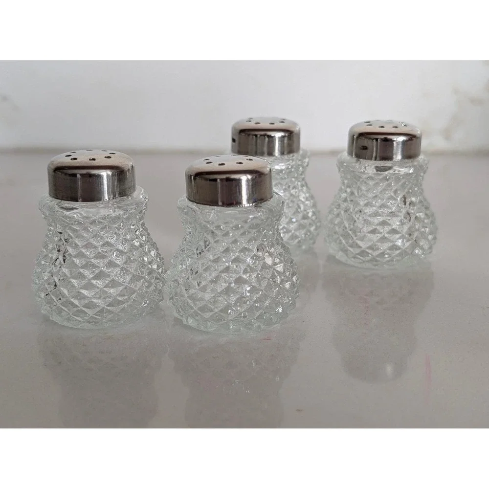 Vintage Miniature Glass Salt and Pepper Shakers Diamond Point Hobnail Set of 4